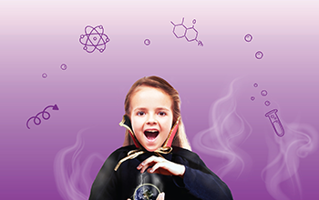 Girl wearing black cloack holding a small globe in hand with electricity coming from her fingers. She has a big smile on her