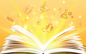 Open book with a yellow light pouring out and science icons in the background